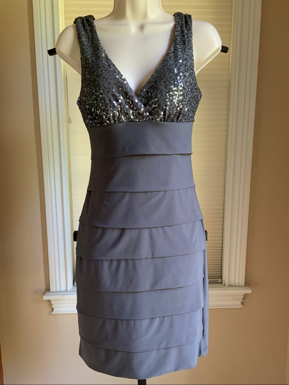 B. Smart Gray Sleeveless Sequined V-Neck Tiered Mini Dress